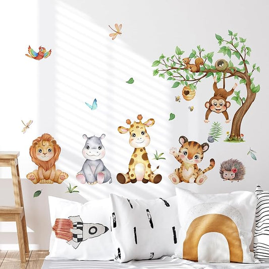 Woodland Animals Wall Decals Tiger Zebra Lion Wall Stickers, Removable Kids Toddler Jungle Safari Wall Murals Peel and Stick Wall Art Decor Wallpaper for Bedroom Nursery Playroom