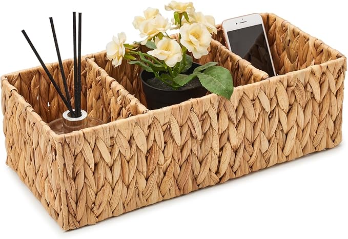 EZOWare 3 Section Natural Water Hyacinth Storage Baskets, Woven Wicker Divided Organizer Bin for Organizing Bathroom, Toilet Tank Top, Vanity Countertop, Kitchen Pantry - Set of 2
