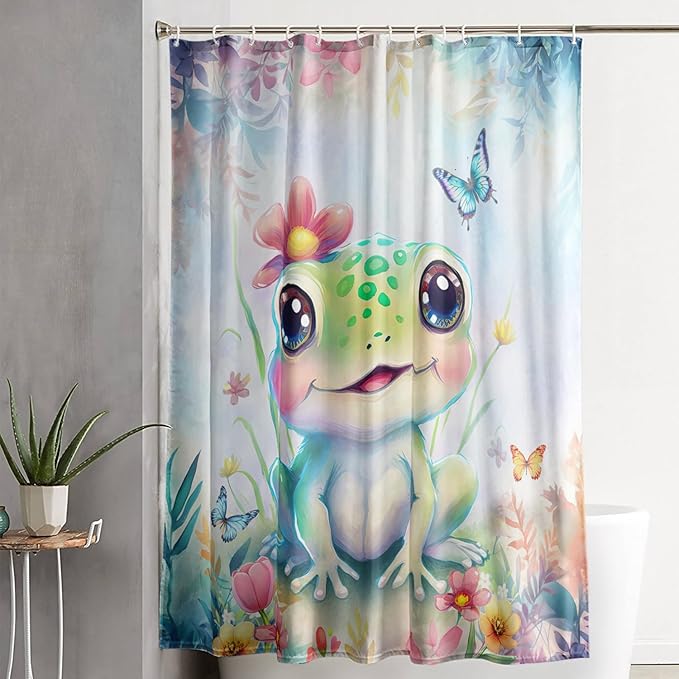 AILONEN Cartoon Frog Shower Curtain,Kawaii Frog Waterproof Fabric Bath Curtain for Kids Girls,Watercolor Blue Flower with Butterfly Shower Curtain Set for Bathroom with Hooks,60" W*72" H