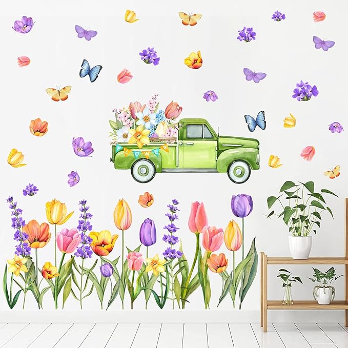 Garden Flowers Window Stickers Spring Window Cling Watercolor Butterflies Floral Wall Decals Peel and Stick Tulip Flower Window Decals for Kids Girls Bedroom Kitchen Shop Window Display Decoration
