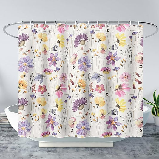 AILONEN Solemn Flowers Shower Curtain,Daisy Theme Bathroom Shower Curtain for Girls Kids Teens, 60" W*72" H Watercolor Patchwork Flowers Bathroom Decor for Bathroom