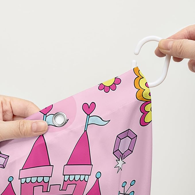 AILONEN Princess Dress Shower Curtain,Cartoon Sparkling Star Diamond Waterproof Shower Curtain Set for Girls Kids Teens, 48" W*72" H Pink Castle Jewelry Shower Curtain for Bathroom