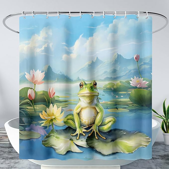 AILONEN Cartoon Frog Shower Curtain Set for Bathroom,Kawaii Green Frog Bath Curtain,Amphibian Animal Shower Curtain,Lotus Flower Waterproof Fabric Shower Curtain with Hooks,60" W*72" H