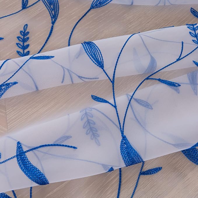 Windows Sheer Curtains Embroider Blue Leaf 72 Inches Length 2 Panels Voile Light Filtering Sheer Curtains Panel Basic Rod Pocket for Bedroom Living Room Children Room