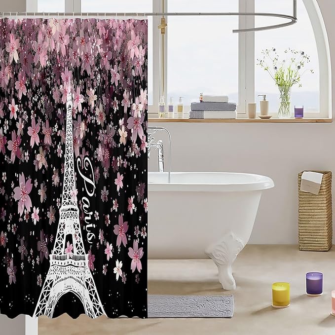 Feelyou Cherry Blossoms Shower Curtain 72"x78" Kids Eiffel Tower Bathroom Shower Curtain Set for Boys Girls Teens Romantic Paris Bath Curtain Floral Botanical Bathroom Accessories