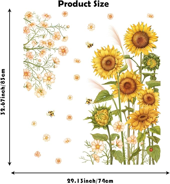 Large Sunflower Wall Decals Garden Flowers Butterfly Wall Stickers Green Leaves Floral Wall Art for Bedroom Bathoom Kids Wall Decor