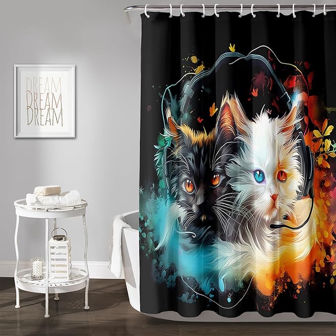 AILONEN Cute Cat Shower Curtain Set, Black White Cat Waterproof Fabric Shower Curtain for Kids Boys Girls,Headphones Kitty Shower Curtain for Bathroom with Hooks,72" W*72" H