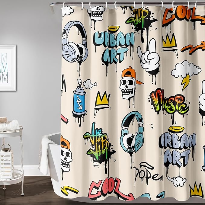 AILONEN Hip-Hop Skull Shower Curtains,Graffiti Music Bath Curtains,Printed Rock Curtains,Polyester Waterproof with 12 Hooks for Bathroom 72" W*78" H