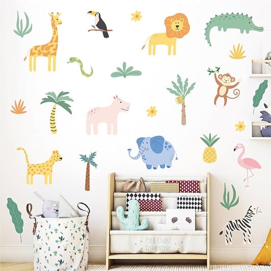 Animal Wall Decals Peel and Stick, 26 Pcs Jungle Safari Animal Decor for Boys Bedroom Nursery Computer Lockers Living Room
