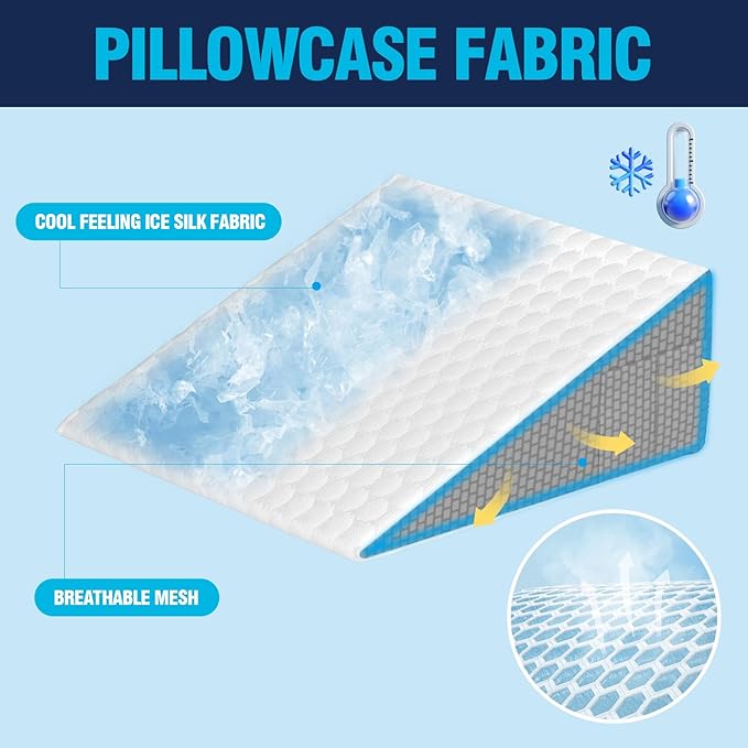 Cooling Wedge Pillow for Sleeping, 10" Elevated Support Bed Wedge Pillow,Cooling Memory Foam Top,Elevated Support Triangle Pillow for Acid Reflux & Snoring,with Air Layer Wedge Cover (Grey)