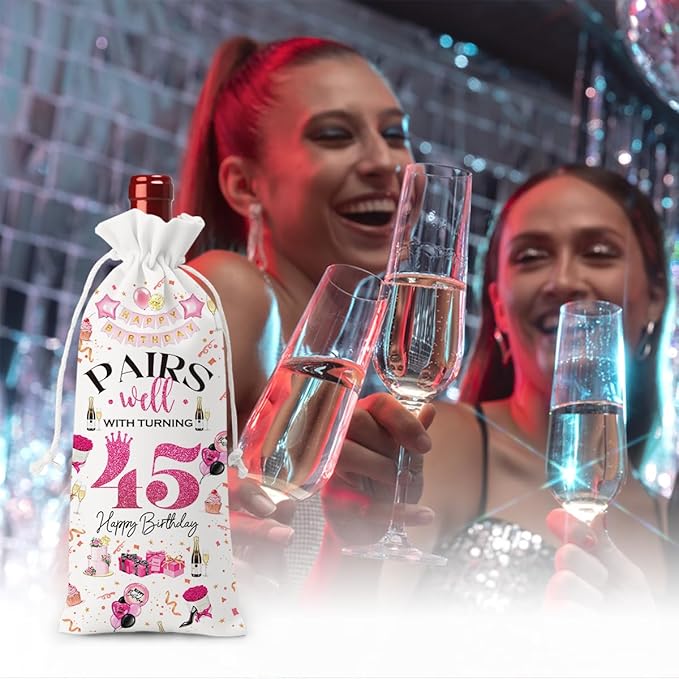45th Birthday Gifts for Women Men Wine Bag, 45 Year Old Birthday Gifts for Men, 45th Birthday Party Decorations for Women Men, Pairs Well with Turning 45 Wine Bags (White Pink)