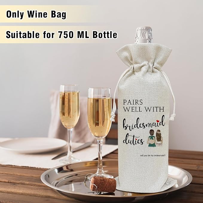 Wine Canvas Bag, Bridesmaid Proposal Wine Gift Bag, Bridesmaids Gifts for Sister Wine Bags for Wine Bottles, Wine Gifts With Drawstring Engagement Bachelorette Bridal Shower Party Decoration -WB17
