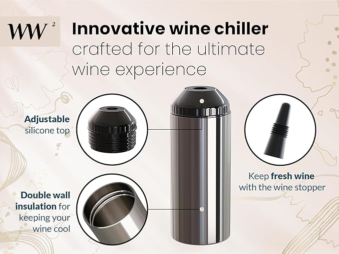 WW² - Wine Chiller With Stopper | Double-Wall Insulation, Anti-Slip Base | Up to 4" Diameter | Adjustable Silicone Top for Serving & Longer Cooling