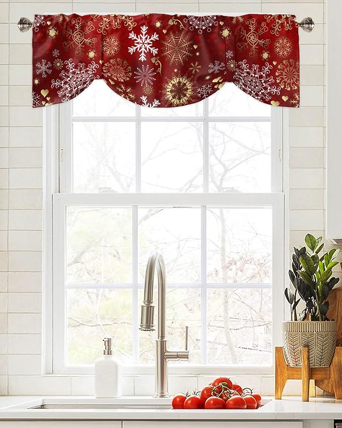 Christmas Blackout Tie Up Valance Curtains for Kitchen Windows Snowflake Pattern Window Toppers Balloon Shades for Living Room/Bathroom/Bedroom,1 Panel,42" X 12" Gold White