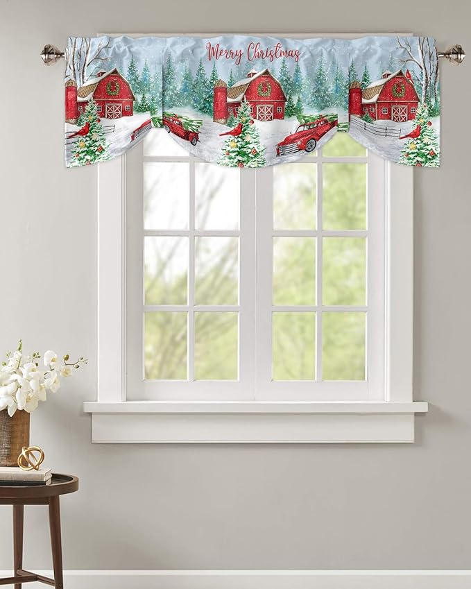 Red Truck Christmas Blackout Tie Up Valance Curtains for Kitchen Windows Merry Christmas Farmhouse Window Toppers Balloon Shades for Living Room/Bathroom/Bedroom,1 Panel, 42" X 12", Winter Xmas Tree