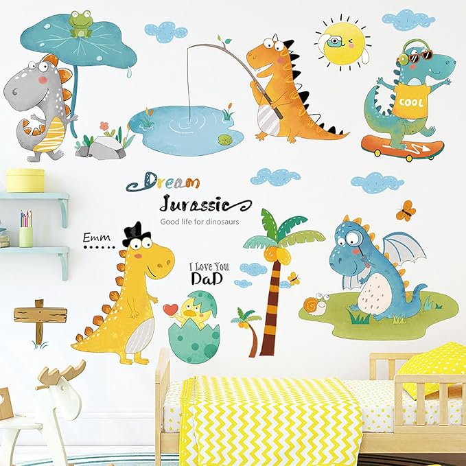 Cartoon Dinosaur Wall Decals Tyrannosaurus Rex Dinosaur Eggs Wall Stickers for Boy's Room Kids Baby Nursery Bedroom Playroom Living Room Wall Decor