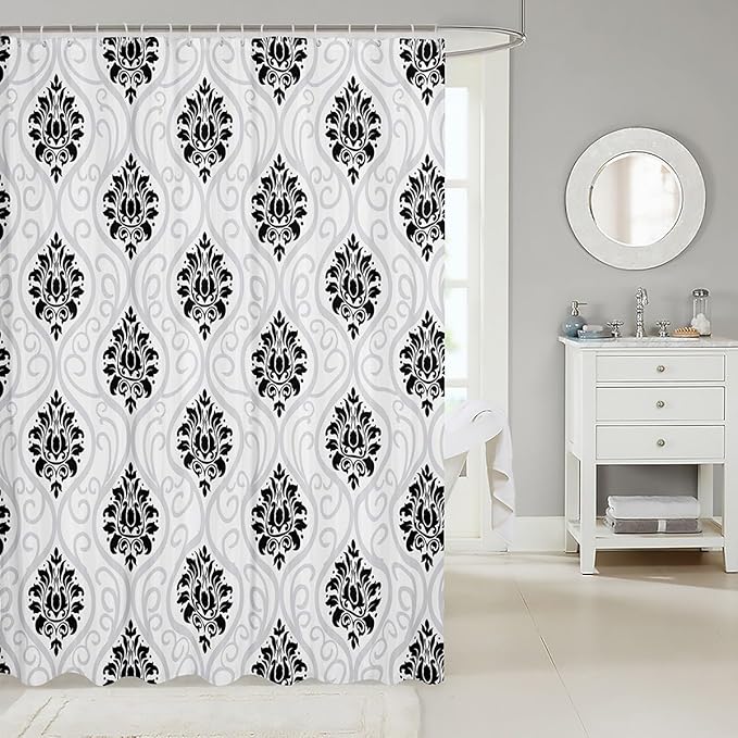 Feelyou Damask Pattern Shower Curtain 72"x72" Kids Vintage Floral Bathroom Shower Curtain Set for Boys Girls Teens Antique Victorian Baroque Bath Curtain Black White Baroque Style Bathroom Accessories