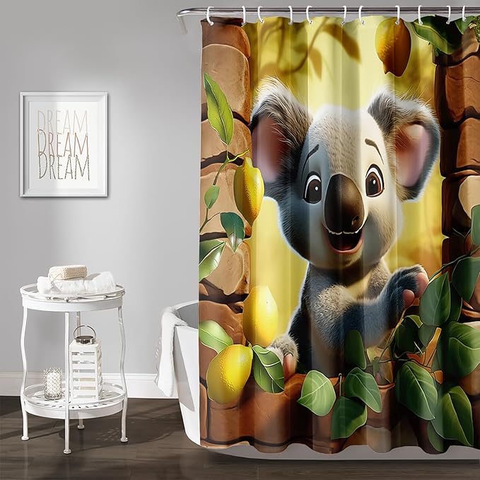 AILONEN Cartoon Koala Shower Curtain for Kids,Kawaii Lemon Koala Shower Curtain for Bathroom,Lovely Animals Shower Curtain Set with Hooks,60" W*72" H