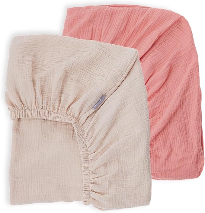 Breathable Crib Sheets for Toddler Bed Mattresses 100% Muslin Cotton Crib Sheets Fitted Boys Girls 2 Pack Soft and Comfortable Boho Bedding for Baby Neutral (Orange Pink&New Camel)