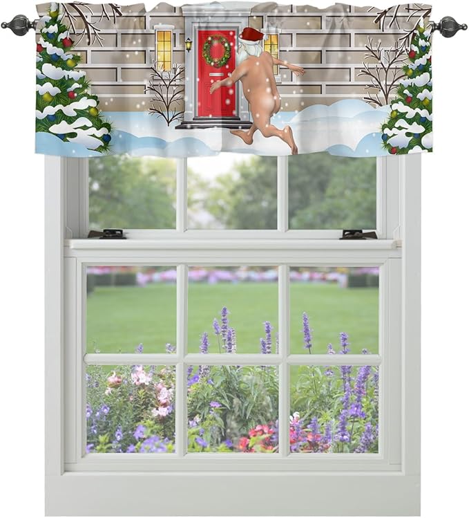 Christmas Farmhouse Kitchen Curtains Valances for Windows Funny Santa Claus Rod Pocket Window Treatment for Kitchen/Living Room/Bedroom/Bathroom,60" X 18" -1 Panel, Holly Xmas Tree