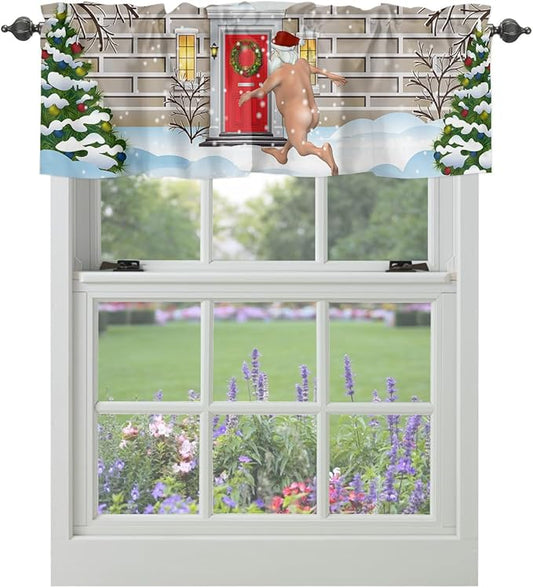 Christmas Farmhouse Kitchen Curtains Valances for Windows Funny Santa Claus Rod Pocket Window Treatment for Kitchen/Living Room/Bedroom/Bathroom,42" X 12" -1 Panel, Holly Xmas Tree