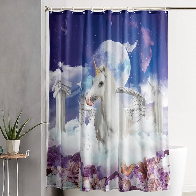 AILONEN Unicorn Shower Curtain, Holy Unicorn Theme Shower Curtain for Girls Teens Bathroom,3D Flower Butterfly Waterproof Fabric Shower Curtain Set,72" W*78" H