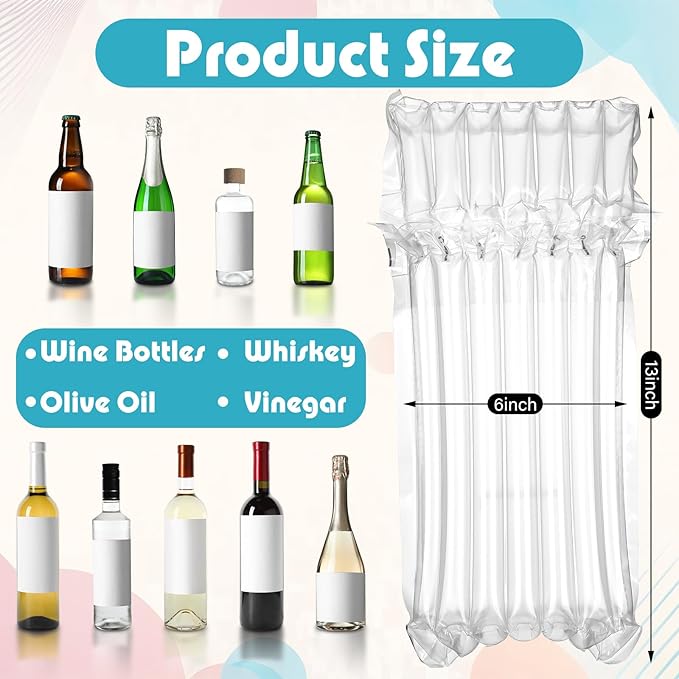 300 Pcs Wine Bottle Travel Protector Bags, Inflatable Air Column Packaging Bubble Bag with Reusable Inflator Pump, Reusable Wine Bottle Protector Air Cushion Bags for Travel Shipping
