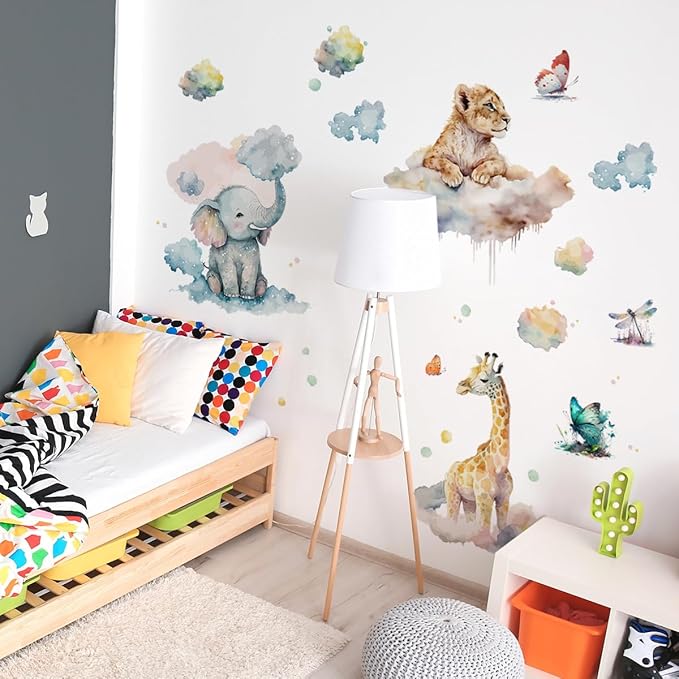 Watercolor Animals Wall Decals Elephant Lion Giraffe Wall Stickers Colorful Butterfly Clouds for Baby Boy Girl Room Decor Decals Peel and Stick Airplanes Kids Wall Stickers Nursery Decor