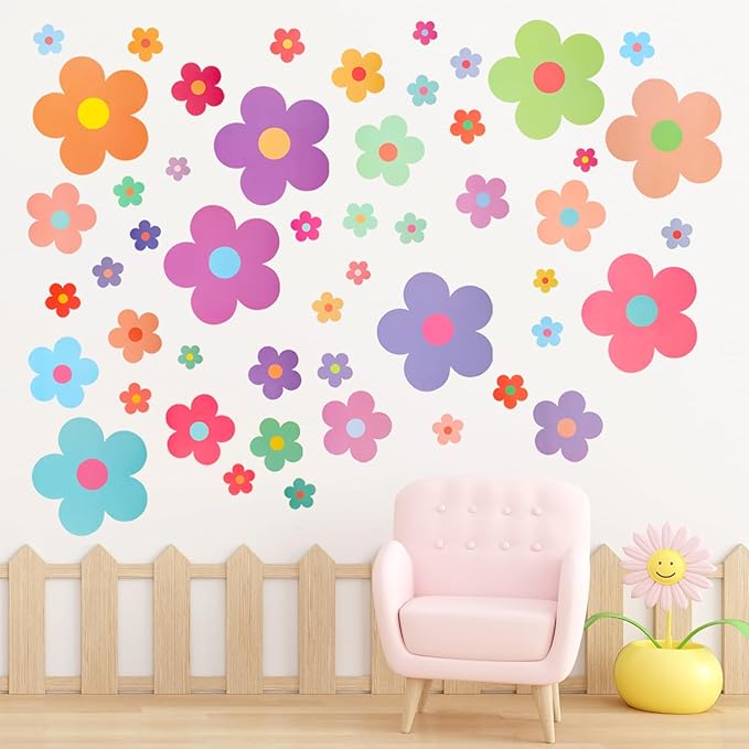 63pcs Cute Flowers Wall Sticker PVC Colorful Y2k Floral Wall Decor Vinyl Peel and Stick Flowers Stickers for Teen Girls Boy Kids Nursery Bedroom Kindergarten(9 Sheets, Bright Colors)