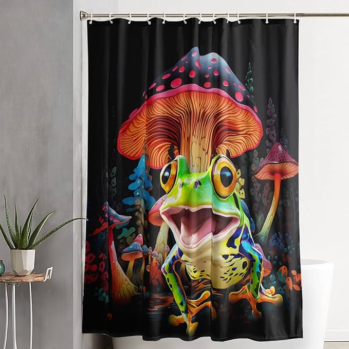 AILONEN Cartoon Tree Frog Shower Curtain,Magic Mushroom Shower Curtain Set for Bathroom for Kids Girls,Boho Style Waterproof Bath Curtain,Tropical Amphibian Bathroom Curtain with Hooks, 72" W*84" H