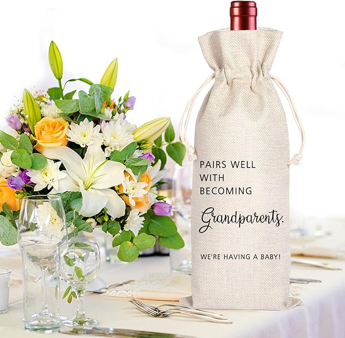New Grandparents | Grandparents Wine Themed Announcement | Gandma Grandpa Wine Bag | Grandparents Gift | Pairs Well With Becoming Grandparents Congratulations 11WB43