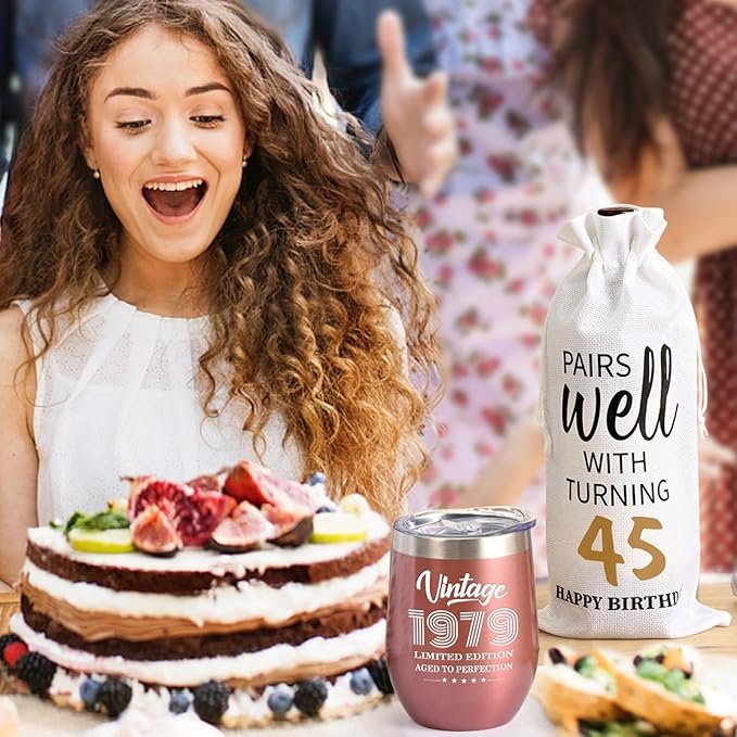 Lifecapido 45th Birthday Gifts for Women, Vintage 1979 Limited Edition Insulated Wine Tumbler with Wine Bag, 45 Year Old 45th Birthday Presents Christmas Gifts for Friends Mom Aunt Wine Lover, 12 oz