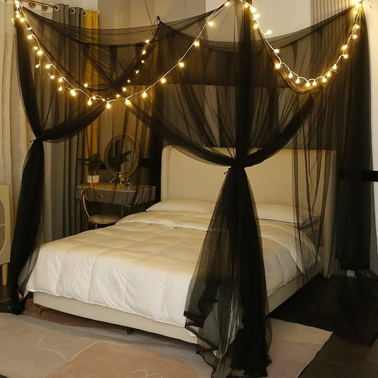 Mengersi Canopy Bed Curtains with Lights,Elegant Bed Canopy Curtains Bed Netting for Full Queen King Size Bed,Halloween Decoration,Gothic Black Room Decor Aesthetic
