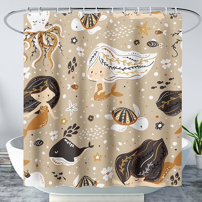 AILONEN Mermaid Shower Curtain,Octopus Whale Retro Mermaid Bath Curtain,Ocean Beach Polyester Waterproof for Bathroom,48" W*72" H with 12 Plastic Hooks