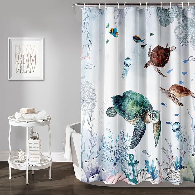 AILONEN Cartoon Sea Turtle Shower Curtain Set, Blue Ocean Animals Waterproof Fabric Shower Curtain,Gouache Anchor Nautical Theme Shower Curtain Liner for Bathroom with Hooks,60" Wx72 H