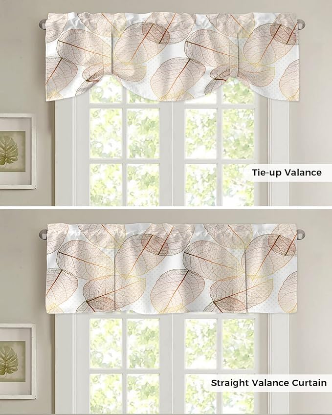 Tie Up Valance for Kitchen Living Room Farmhouse - Leaf Specimen Rod Pocket Adjustable Tie-up Shade Valance for Small Window, Window Valance Balloon Drape for Bathroom 54x18 inches
