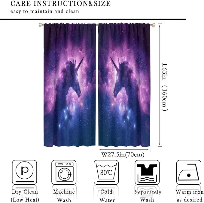 Unicorn Curtains Children's Cartoon Starry Sky Theme Unicorn Pattern Curtains Star Galaxy Boys Girls Room Blackout Curtains 55x63 Inch 2 Panels