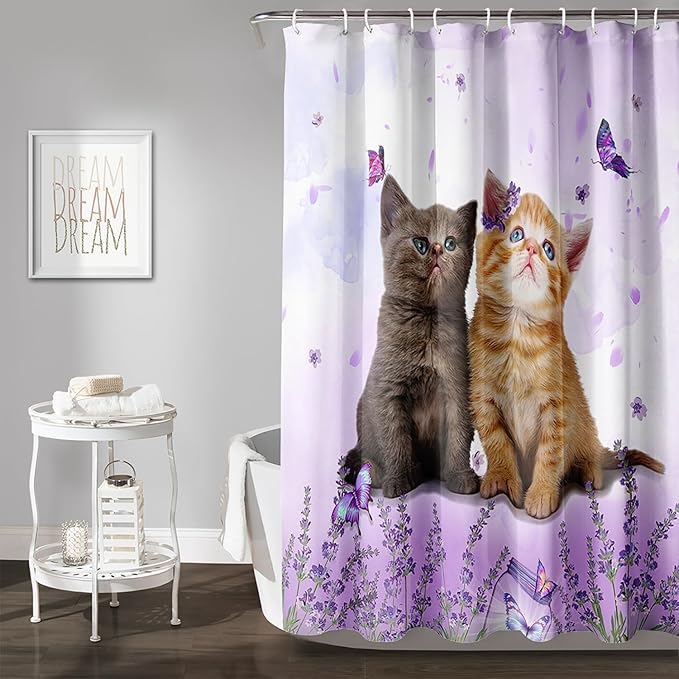 AILONEN Cartoon Cat Shower Curtain, Kawaii Kittens with Purple Flower Shower Curtain for Kids Girls Boys Bathroom Decor,Cute Pet Cat Lover Waterproof Shower Curtains Sets with Hooks,72" W*78" H
