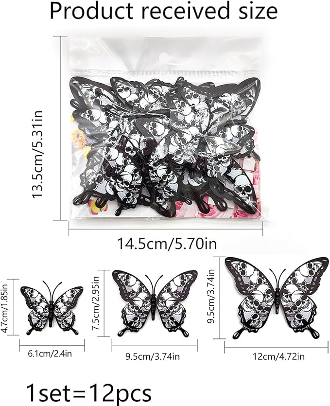Halloween Wall Stickers 12Pcs Butterfly Wall Decor with Skull Design Halloween Wall Decals 3D Butterflys Wall Decorations Reusable Window Stickers for Halloween Party Home Room Art DIY Accessories