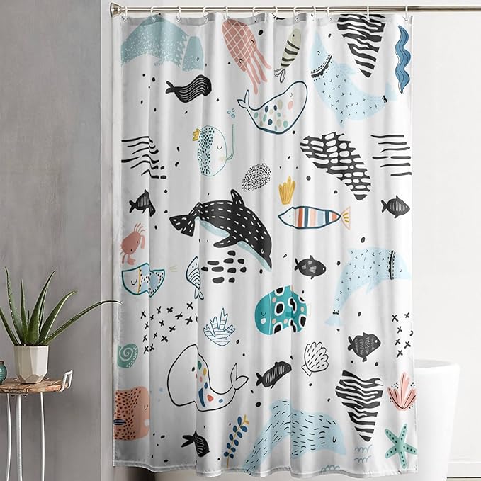 AILONEN Cute Cartoon Dolphin Shower Curtain,Kawaii Ocean Animal Dolphin Bath Curtain Set for Kids Girls Boys,Blue Dolphin Silhouette Fabric Shower Curtains for Bathroom, 36" W*72" H