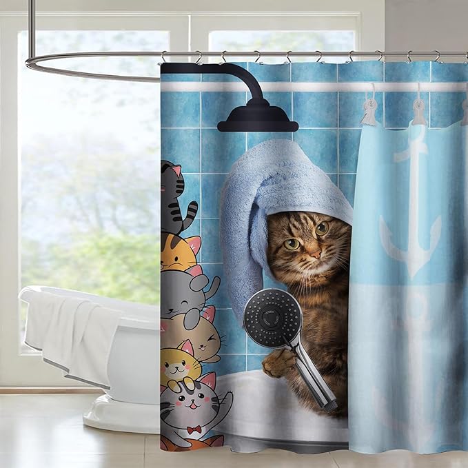 AILONEN Funny Cat Shower Curtain for Kids 72"W*84"H Inch, Cartoon Animal Bathroom Curtain,12 Pack Hooks Polyester Waterproof Fabric Decor for Bathroom,Cute Kitten Taking Shower Cloth Fabric Bathroom