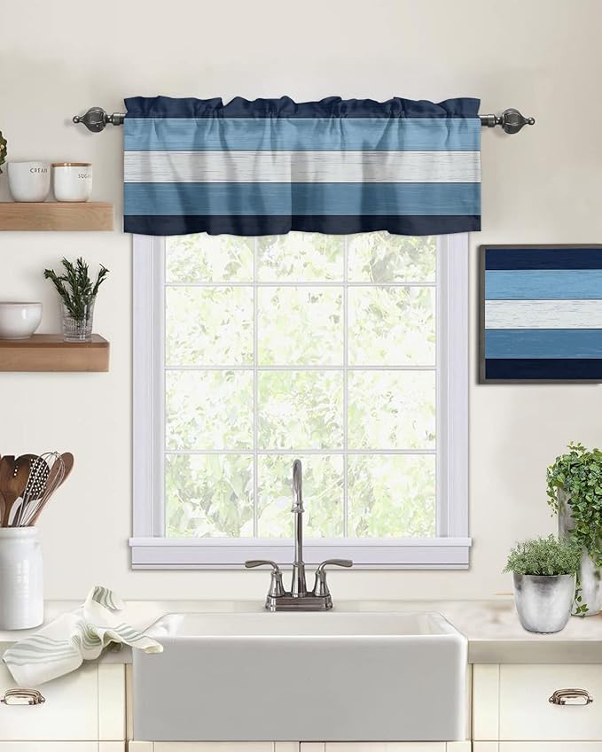 Farmhouse Kitchen Curtains Valances for Windows ,Navy Sky Blue White Rod Pocket Country Window Treatment for Kitchen /Living Room/Bedroom/ Bathroom,42" X 18" -1 Panel, Retro Rustic Barn Wood Texture