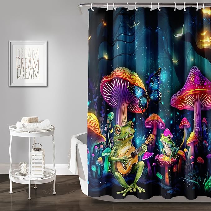 AILONEN Cartoon Frog Shower Curtain,Guitar Frog Fabric Shower Curtains for Bathroom,Magic Mushroom Weighted Polyester Cloth Bath Curtain Set,Mysterious Butterfly Bathroom Curtain,48" W*72" H