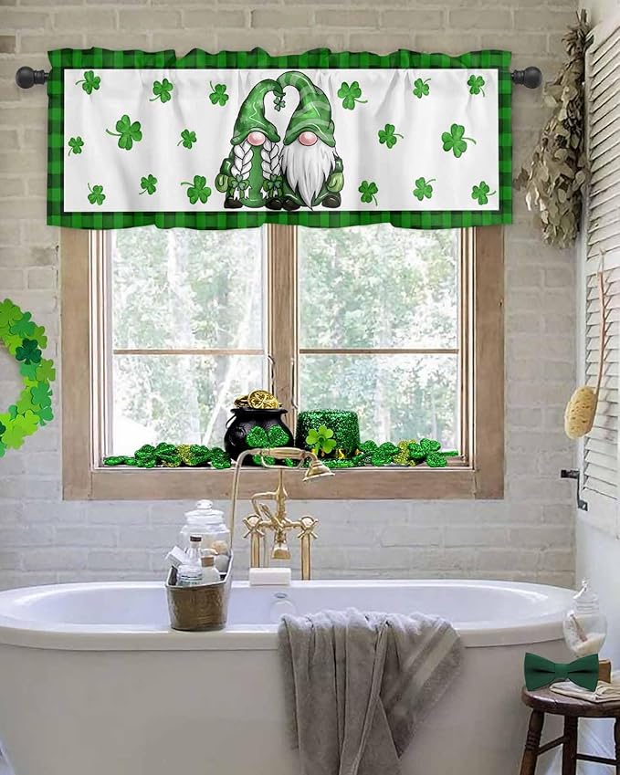 Gnome St. Patrick's Day Kitchen Curtains Valances for Windows Buffalo Plaid Shamrock Rod Pocket Window Treatment for Kitchen /Living Room/Bedroom/ Bathroom, 54" X 18", Seasonal Spring Holiday