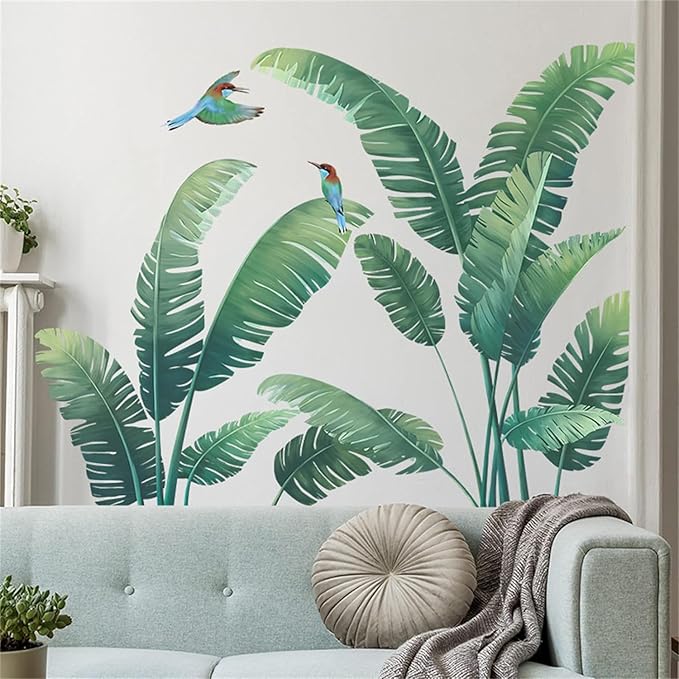 Green Plant Wall Stickers, Tropical Rainforest Monstera Leaf Decal Natural Palm Leaves Nordic Green Leaf Plants Banana Leaf Bird Wall Mural Bedroom Living Room Office Decoration Wallpaper… (plant1)