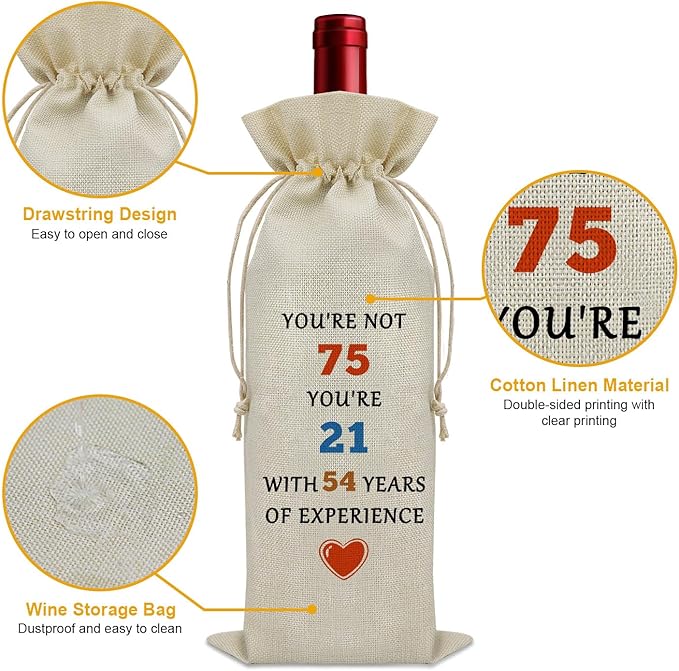 Funny 75th Birthday Gifts Wine Bag Birthday Gifts for Sister 75 Years Old Gifts for Someone Born in 1949 Wine Bottle Decoration Bag Turning 75 Gifts Wine Accessories Gifts for Wine Lovers
