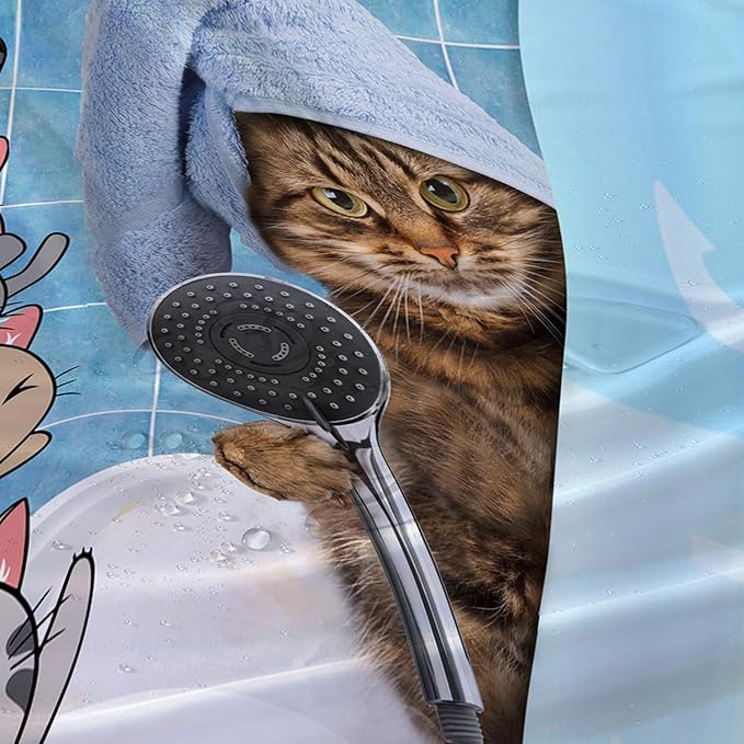 AILONEN Funny Cat Shower Curtain for Kids 72"W*72"H Inch, Cartoon Animal Bathroom Curtain,12 Pack Hooks Polyester Waterproof Fabric Decor for Bathroom,Cute Kitten Taking Shower Cloth Fabric Bathroom
