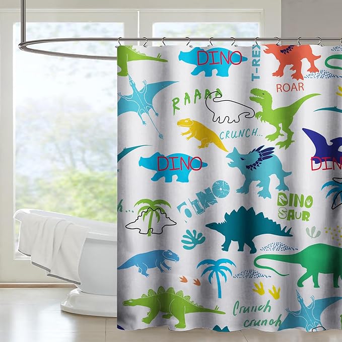 AILONEN Cartoon Dinosaur Shower Curtain for Kids Boys 72" W*78" H Inch,Colorful Dinosaur Pattern Shower Curtain,12 Pack Hooks Polyester Waterproof Fabric Decor for Bathroom