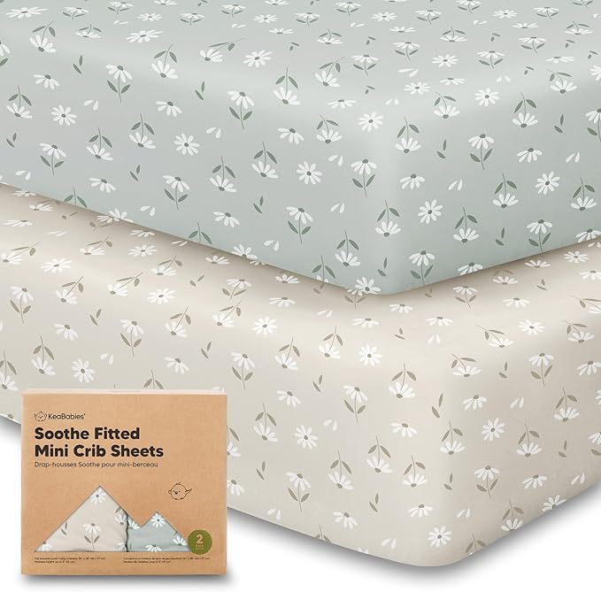 2-Pack Mini Crib Sheets Fitted, Pack and Play Sheets - Organic Cotton Pack N Play Sheets for Pack and Play Mattress, Playard Baby Crib Sheets, Jersey Crib Sheets Neutral for Boys, Girls (Daisies)