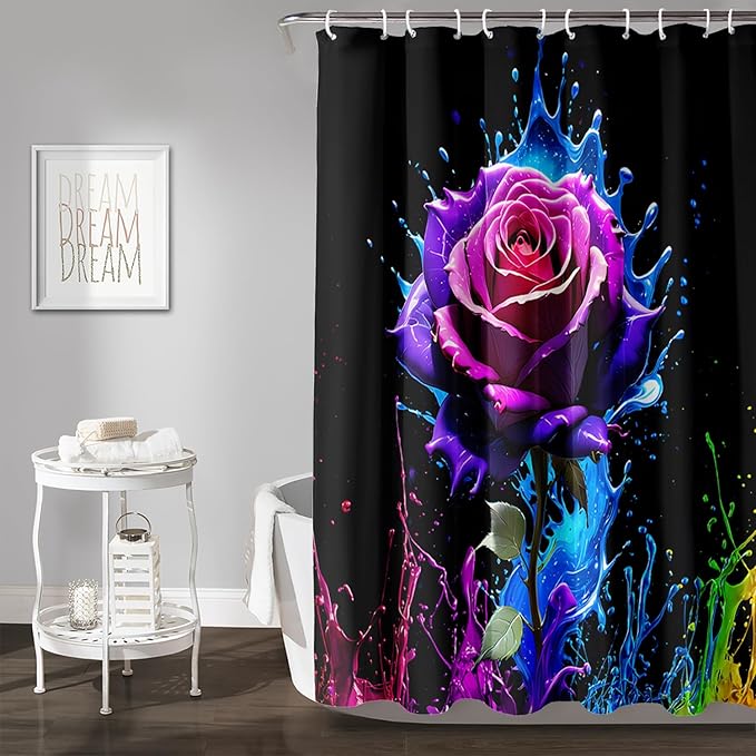 AILONEN Purple Rose Flower Shower Curtain for Bathroom,Splash-Ink Rose Bath Curtain for Kids Girls Women,Romantic Minimalism Curtain Waterproof with 12 Plastic Hooks, 60" W*72" H